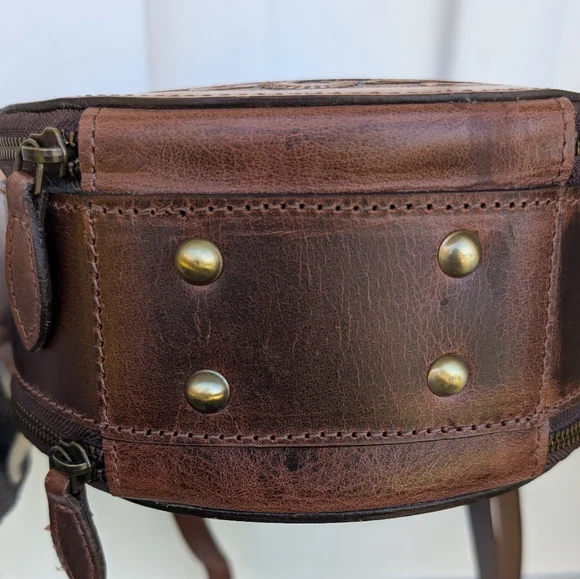 Genuine Tooled Brown Leather Crossbody Sunflower Western Round Purse - Picture 6 of 11